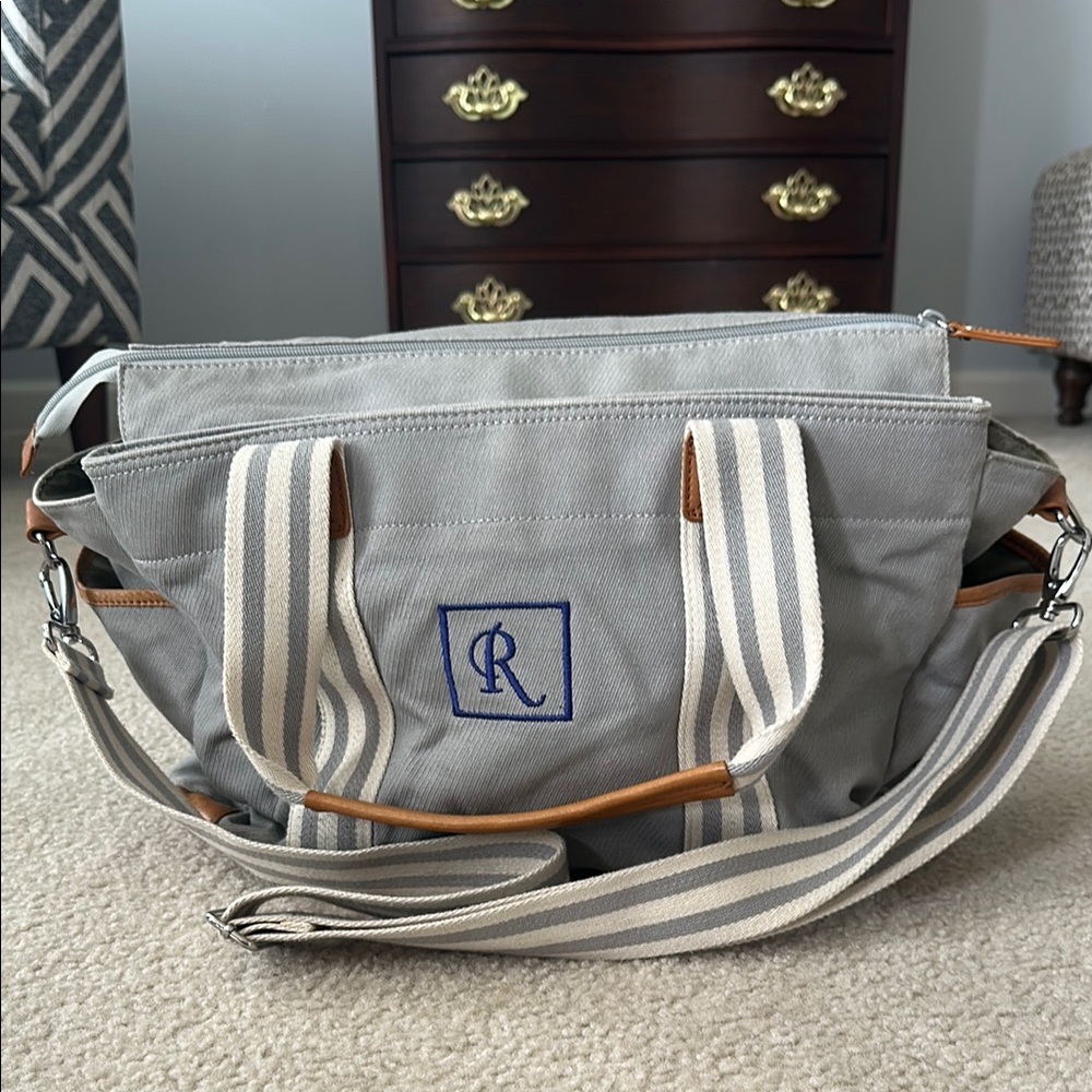 Pottery Barn Kids Gray Canvas Diaper Bag with Striped Handles
